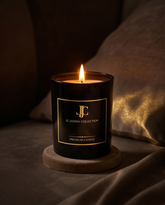 Brennende Havanna Noir Duftkerzen von LE JASMIN COLLECTION warmem Kerzenlicht