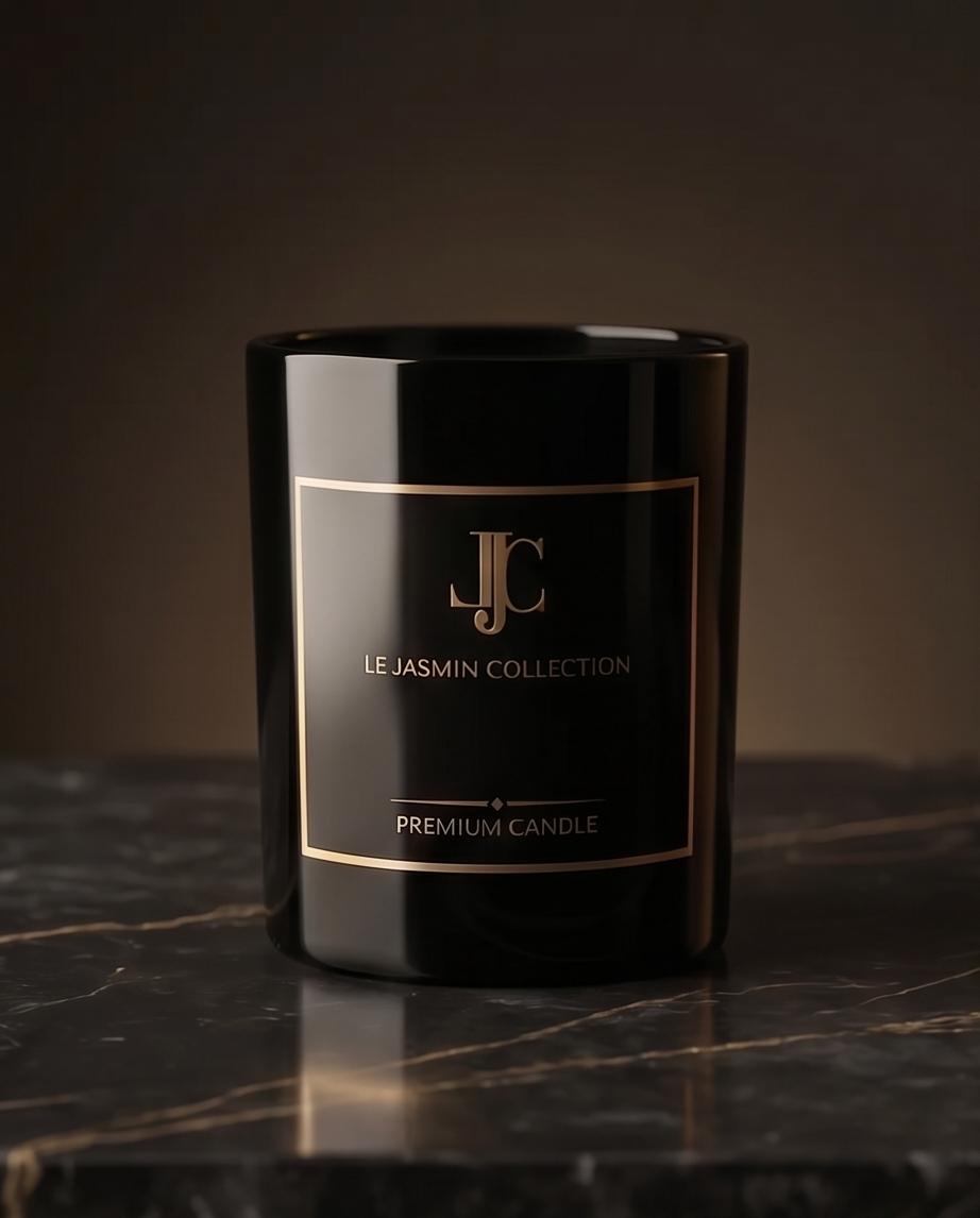 Detailansicht der LE JASMIN COLLECTION Duftkerze im schwarzen Glas 