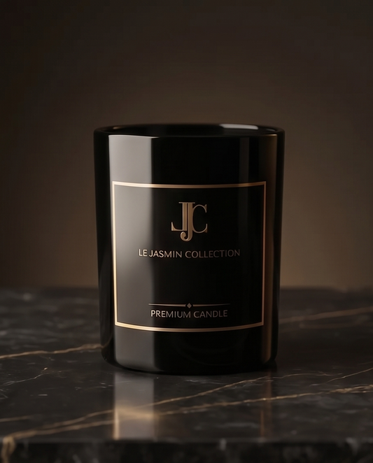 Detailansicht der LE JASMIN COLLECTION Duftkerze im schwarzen Glas 